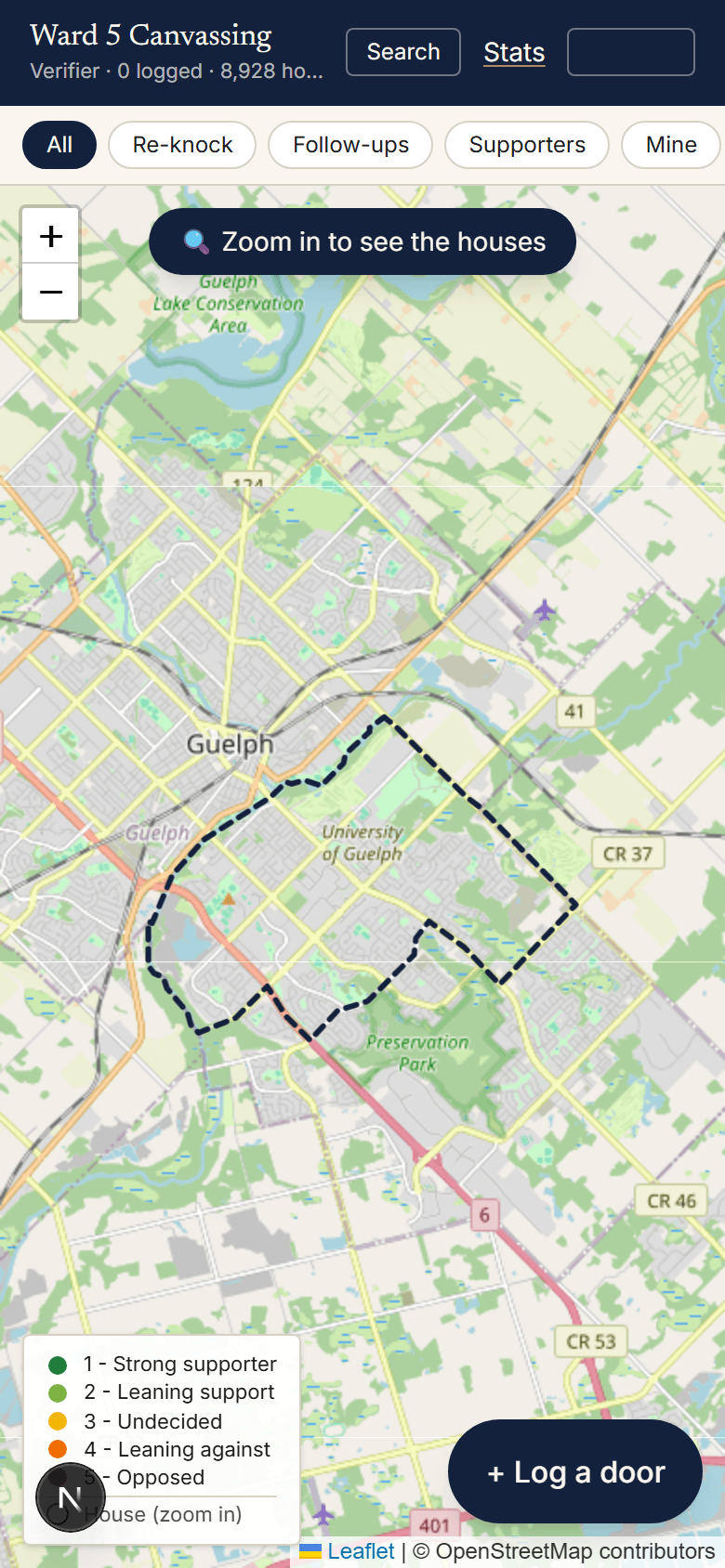 The Hustings canvassing map on a phone: every house in the ward, tap to log a door